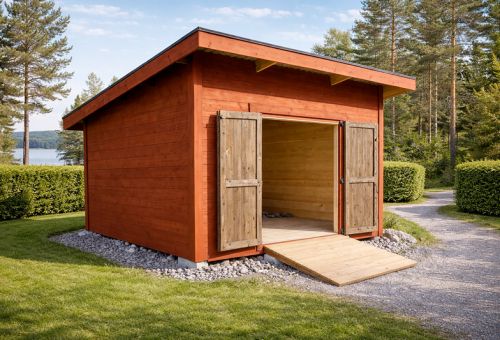 Funkisförråd med platt tak och knutbräda - Brännastugan erbjuder förråd och friggebod för alla önskemål - 1